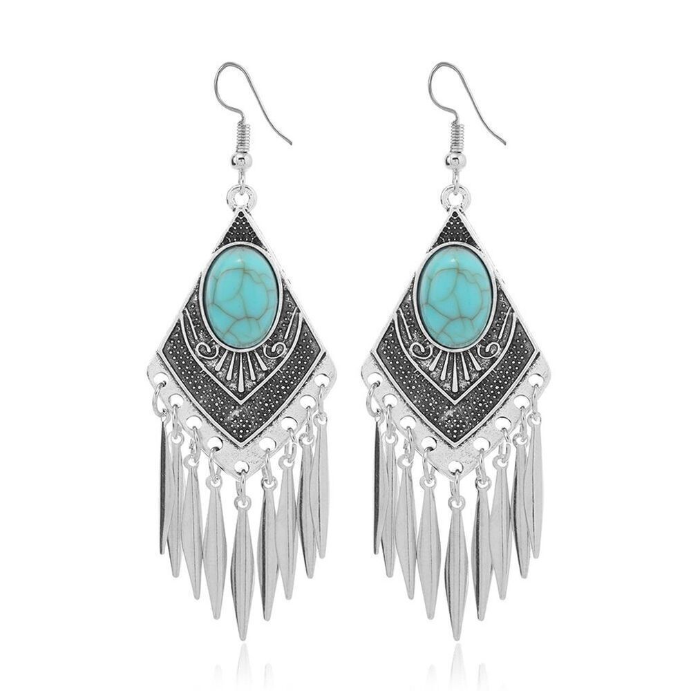 Boho Southwestern Faux Turquoise Silver Tone Fringe Feather Dangle Earrings
